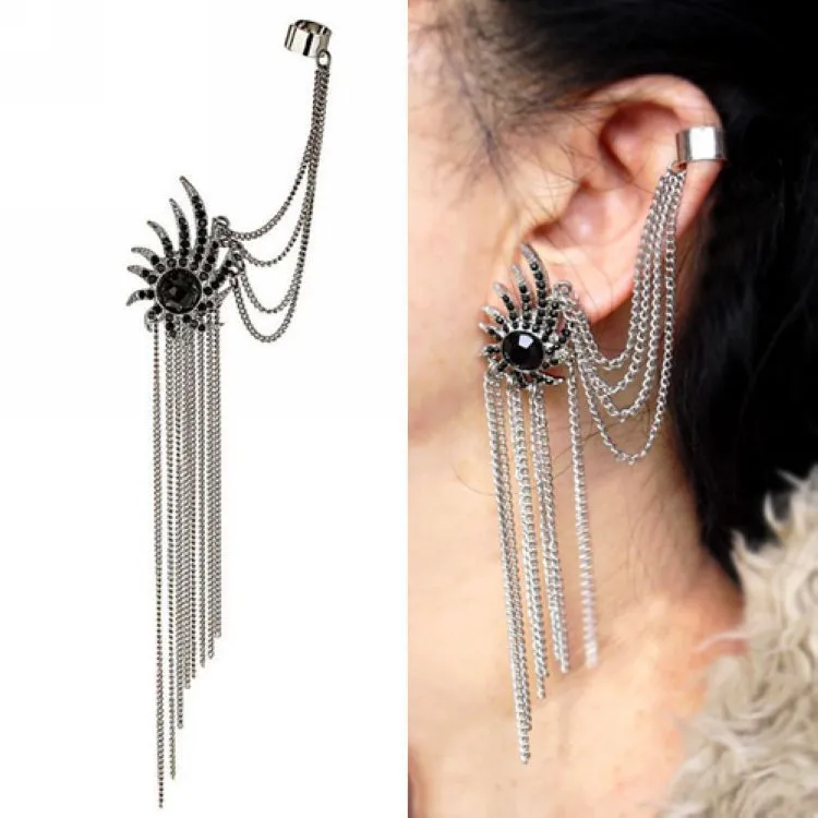 Diamond black firework tassel ear bone clip earrings