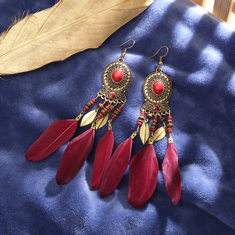 Long tassel temperament Earrings exotic style oval retro Feather Earrings women''s creative European and American Earrings