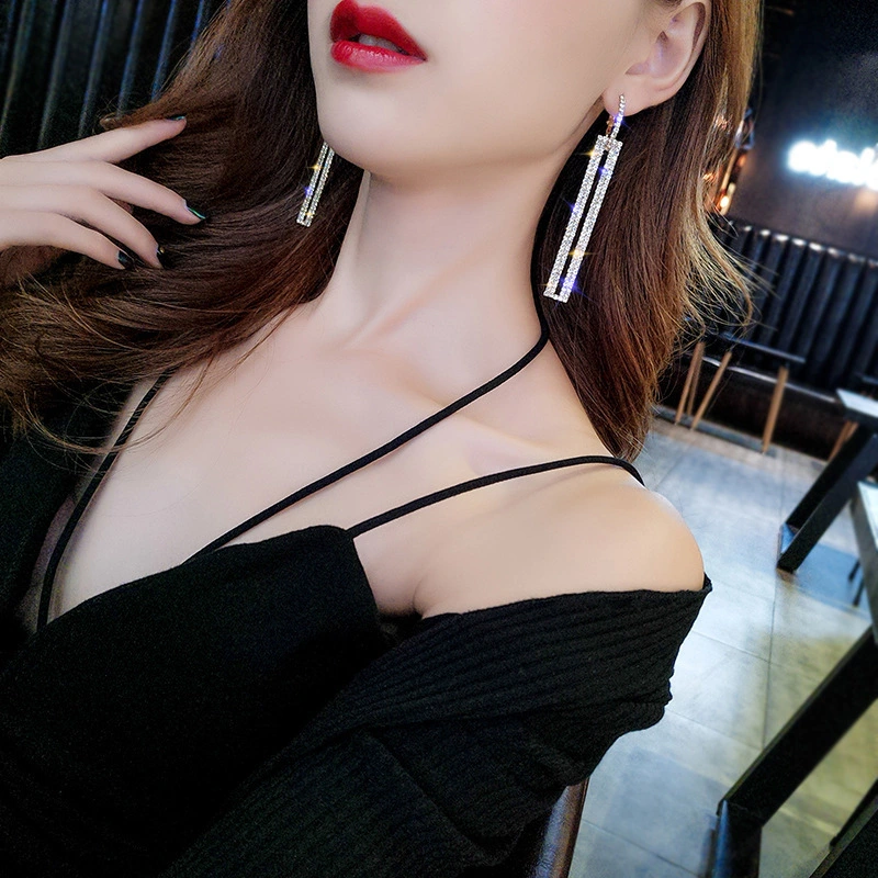 Long square hypoallergenic diamond earrings