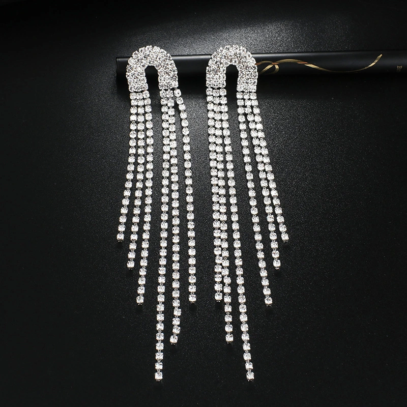 Fashion Rhinestone Long Tassel Multi Row Earrings Simple Atmosphere Temperament Exaggerated Earrings Earrings