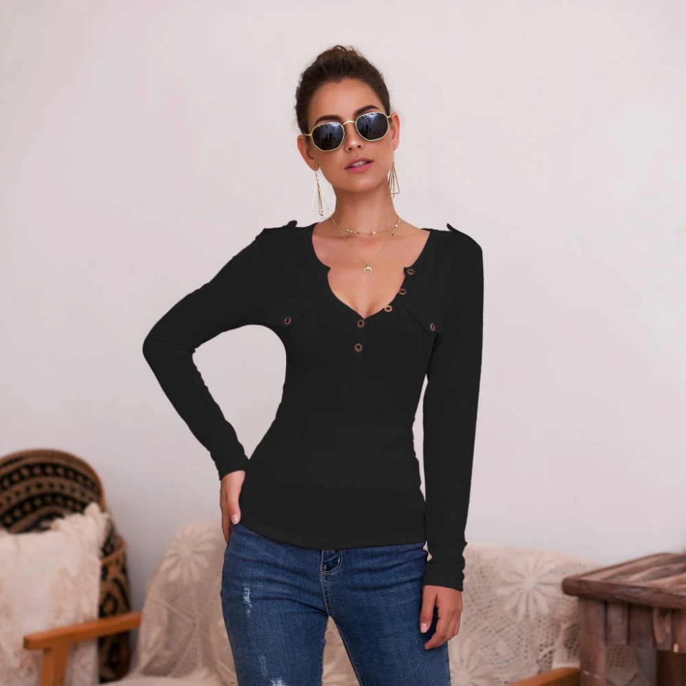 Sexy V-neck button solid color long-sleeved T-shirt