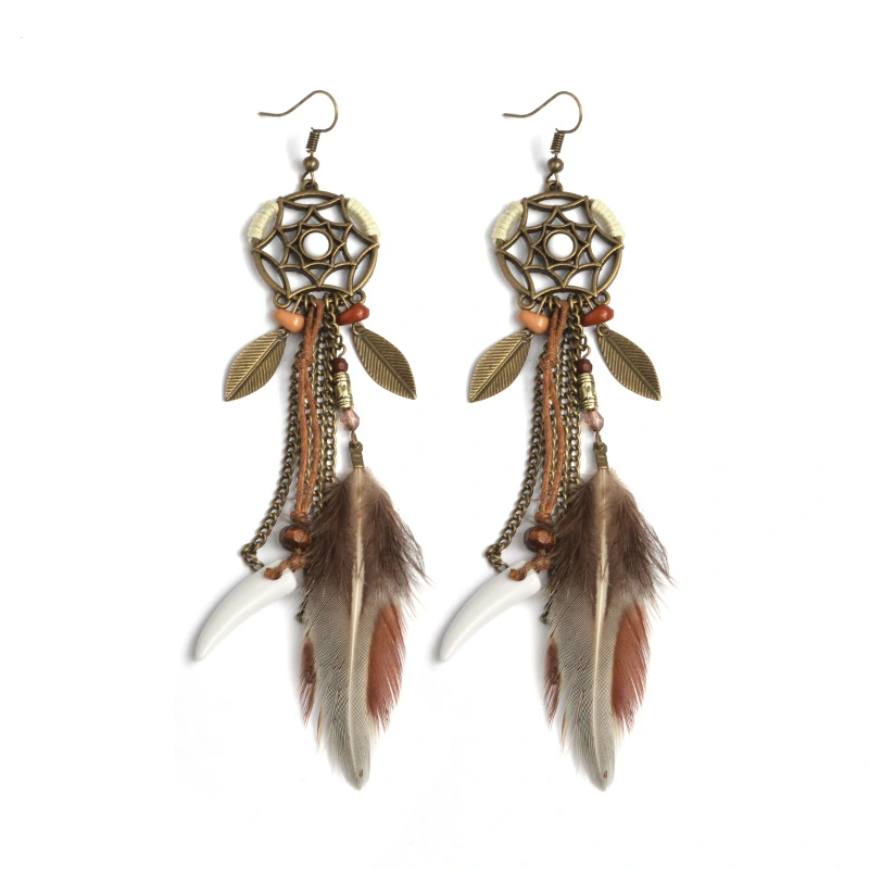 Vintage Dreamcatcher Metal Leaf Feather Pendant Stud Earrings