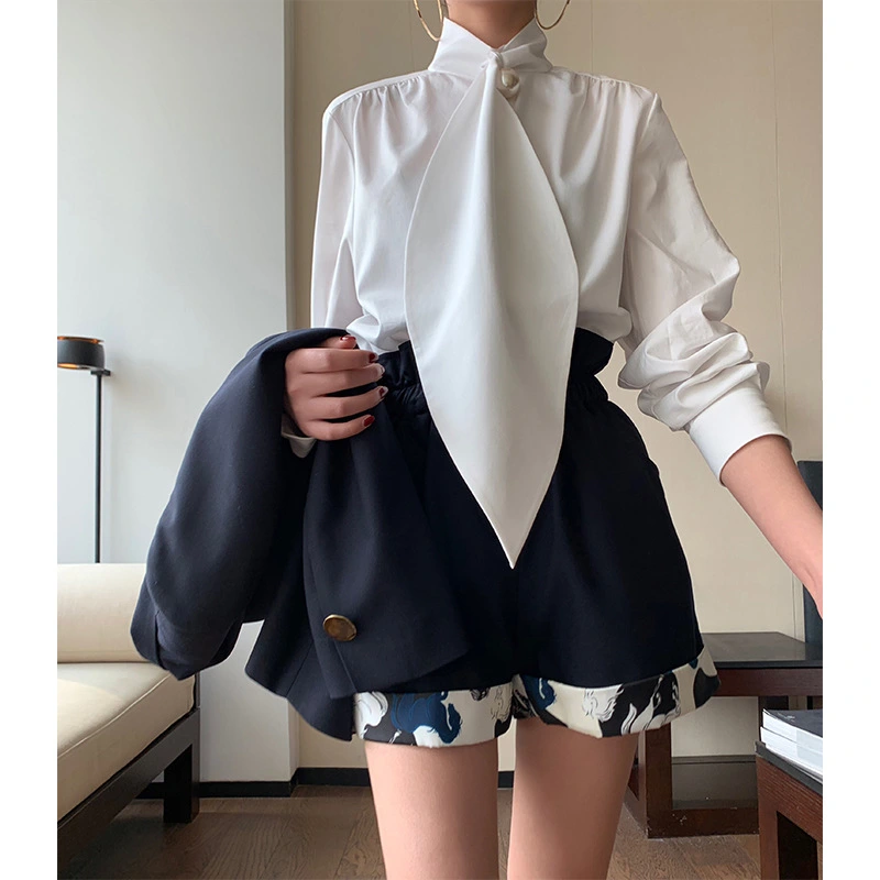 Niche design pearl scarf collar white shirt female