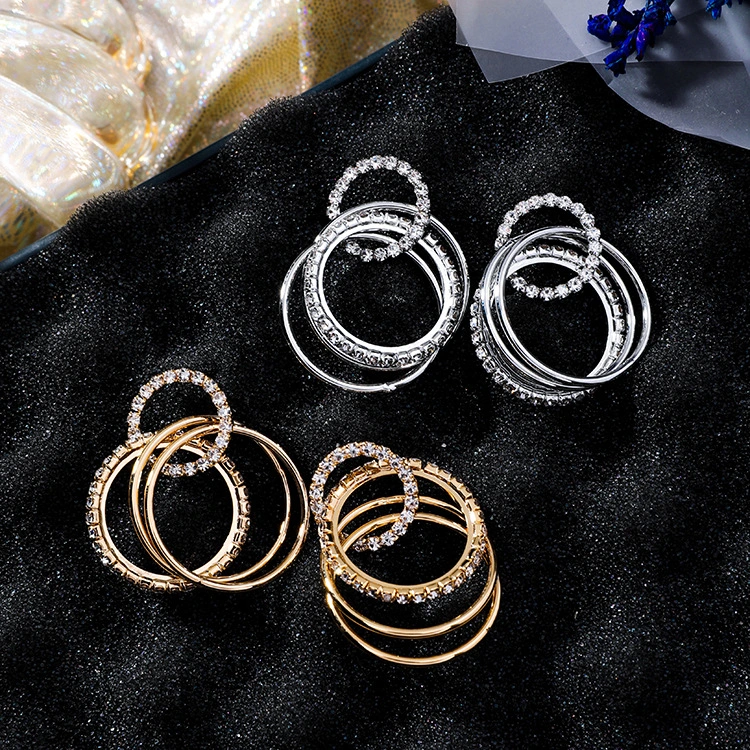 Korean temperament fashion diamond multi-layer ring geometry earrings shiny hipster rhinestone personality circle red earrings