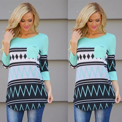 2021 autumn and winter quick selling Zinc wish explosion blue pattern printing pocket long sleeve ladies T-shirt