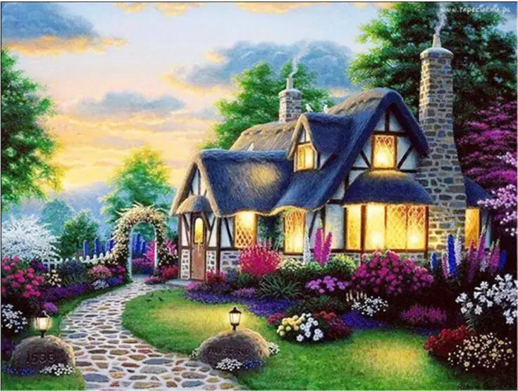 3d Diy Diamond Painting Canvas Oil Colorful Fairy Tale Hut Needlework Cross Stitch Rhinestones Scroll Decor