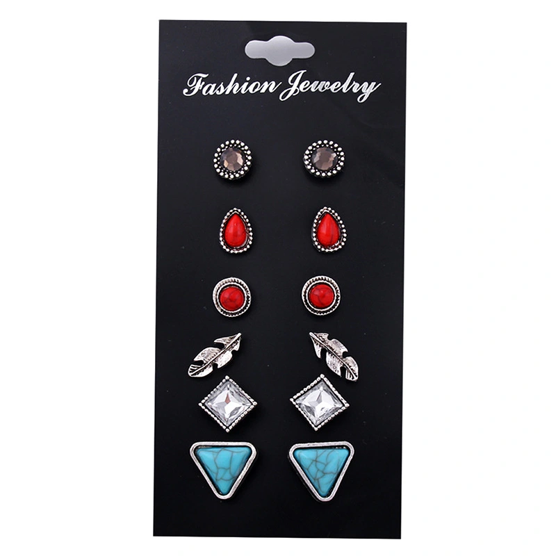 Personality fashion vintage natural stone stud earrings Geometric turquoise stone rhinestone leaves 6 pairs of earrings