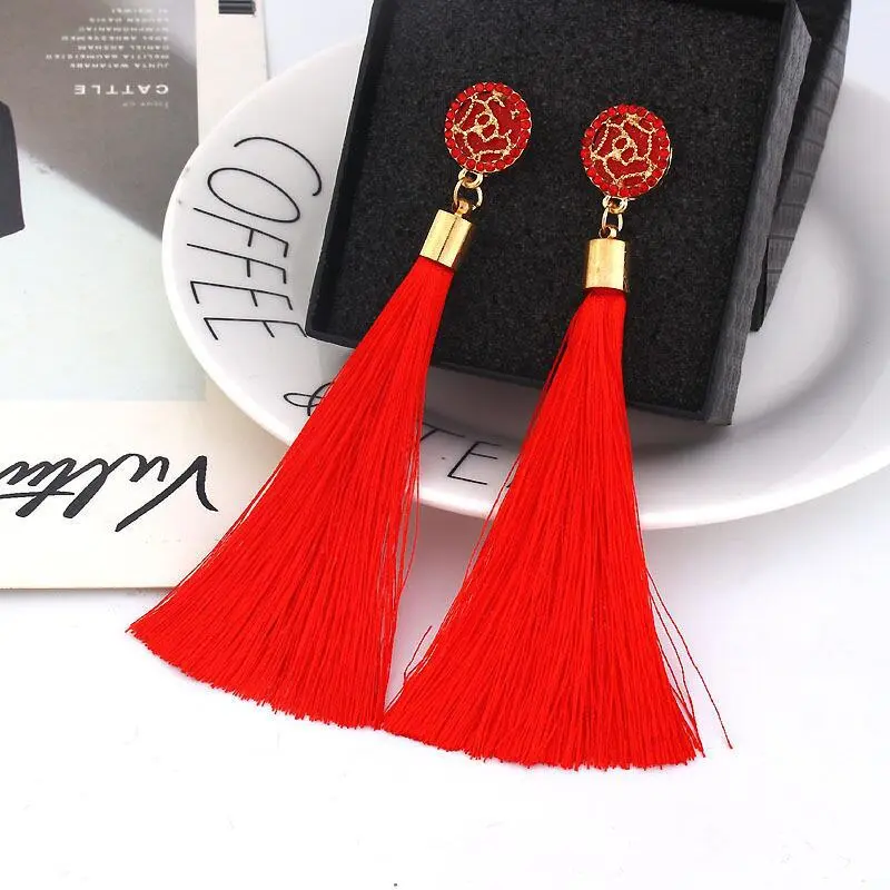 Foreign trade European and American fashion explosion models Chao women exaggerated long temperament rose flowers tassel earrings earrings earrings female