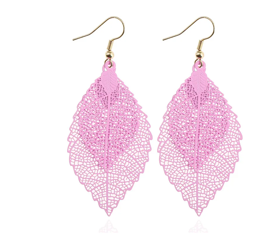 Double-layered leaves tassel earrings Simple retro colored metal computer leaves-leaf earrings