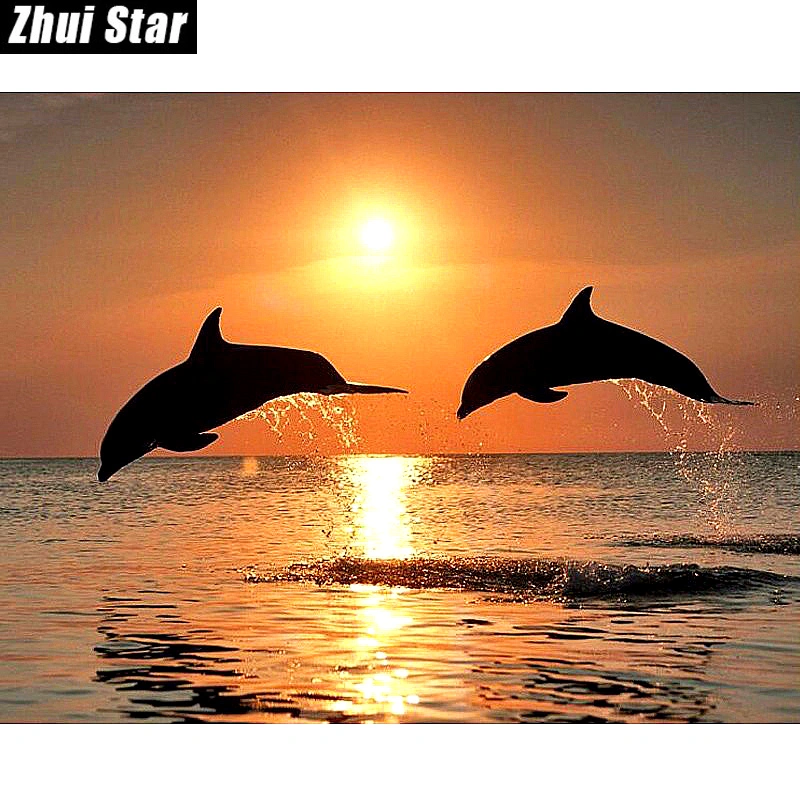 New 5D DIY Diamond Painting Dolphin Embroidery Full Square Diamond Cross  Sunset Water Dolphin Rhinestone Mosaic Painting