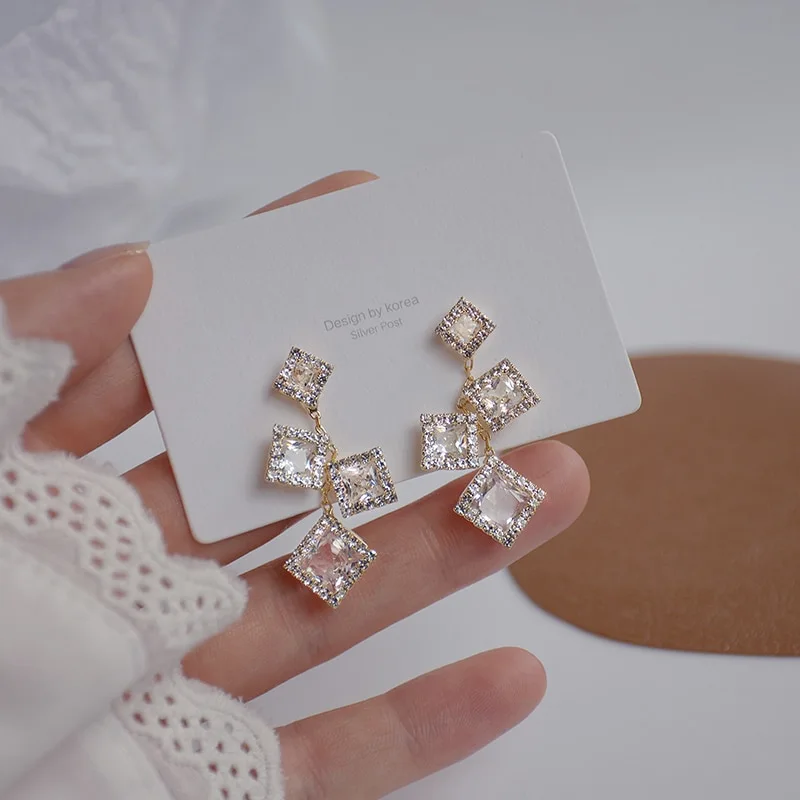 Square rhinestone earrings earrings cold temperament