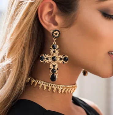 Vintage Boho Crystal Cross Drop Earrings for Women Baroque Bohemian Large Long Earrings Jewelry Brincos