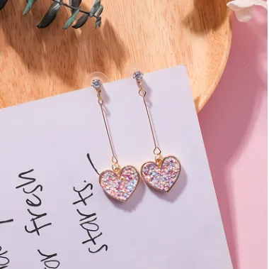 925 silver needle sequin love earrings sweet zircon heart long earrings earrings female