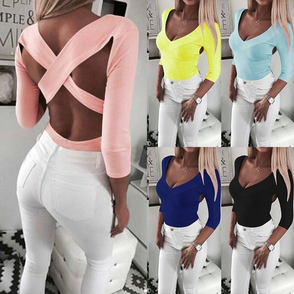 V-neck halter sexy long-sleeved T-shirt