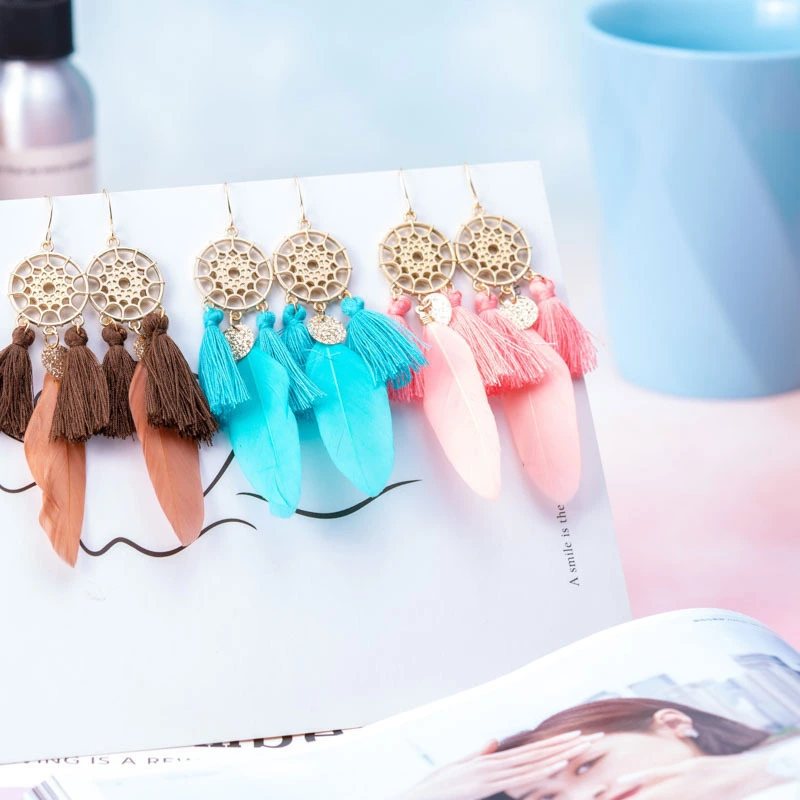 Women's sequin feather tassel earrings