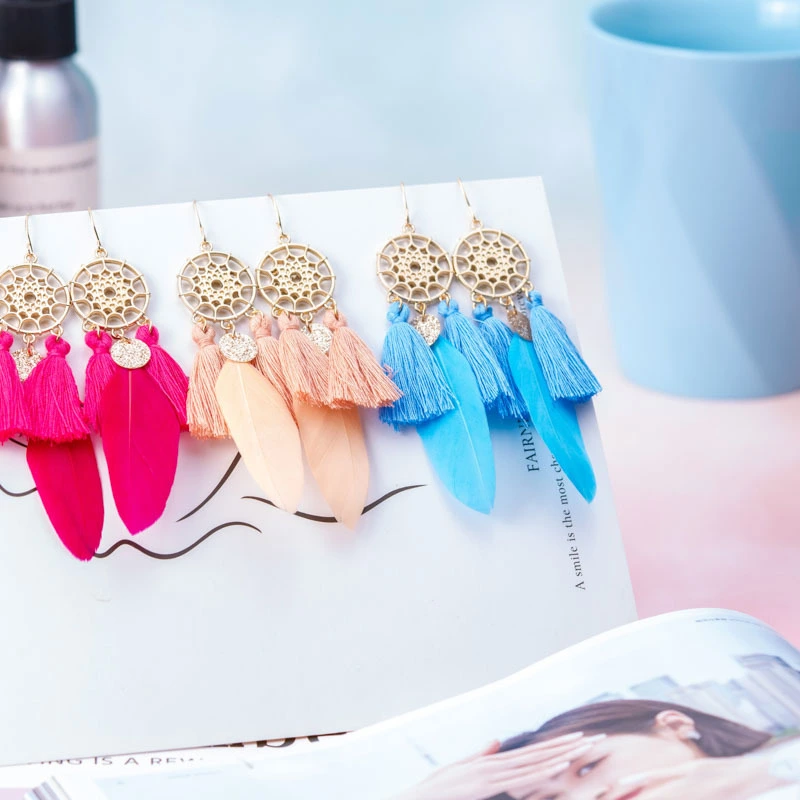 Women's sequin feather tassel earrings