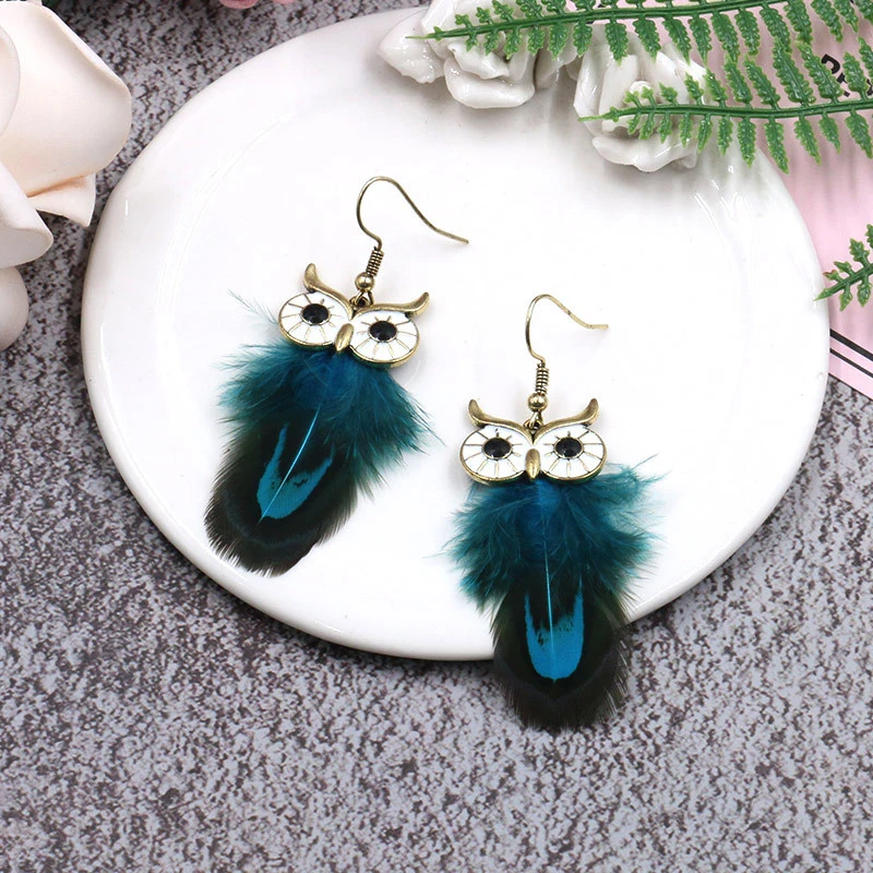 European and American fashion personality popular simulation owl feather earrings