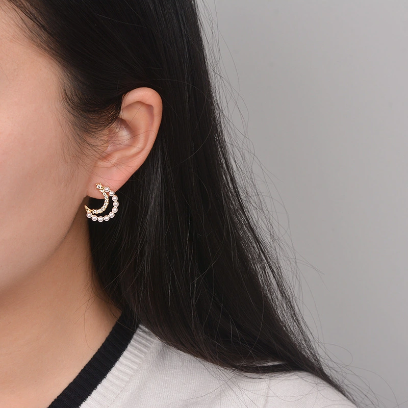 Moon Earrings girl''s heart delicate and small crescent Pearl Earrings super fairy sweet ins wind inlaid with Diamond Earrings