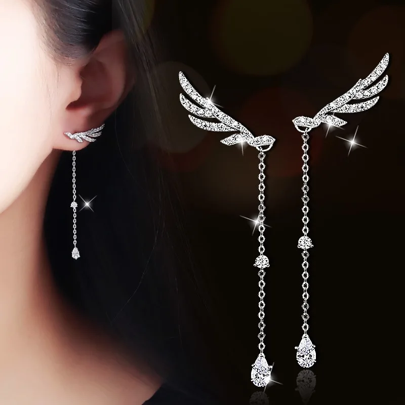 Sterling Silver Earrings Angel Wings Long Tassel Drop Earrings