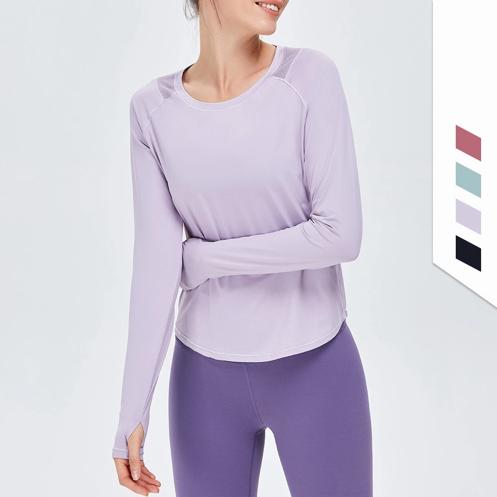 Autumn new European and American yoga long-sleeved sports T-shirt women's mesh stitching all-match breathable running fitness top 