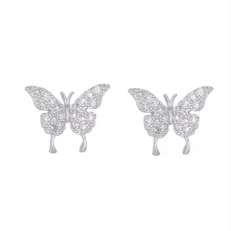 Full diamond small butterfly earrings female pierced ears ear clips forest girl wild net red earrings new 925 silver needle