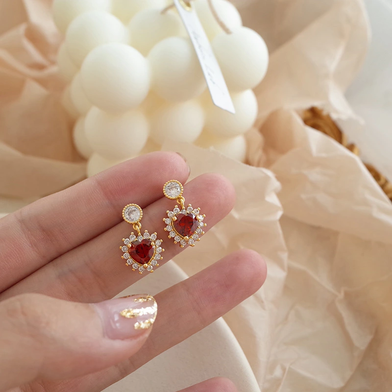 Red gem heart design earrings