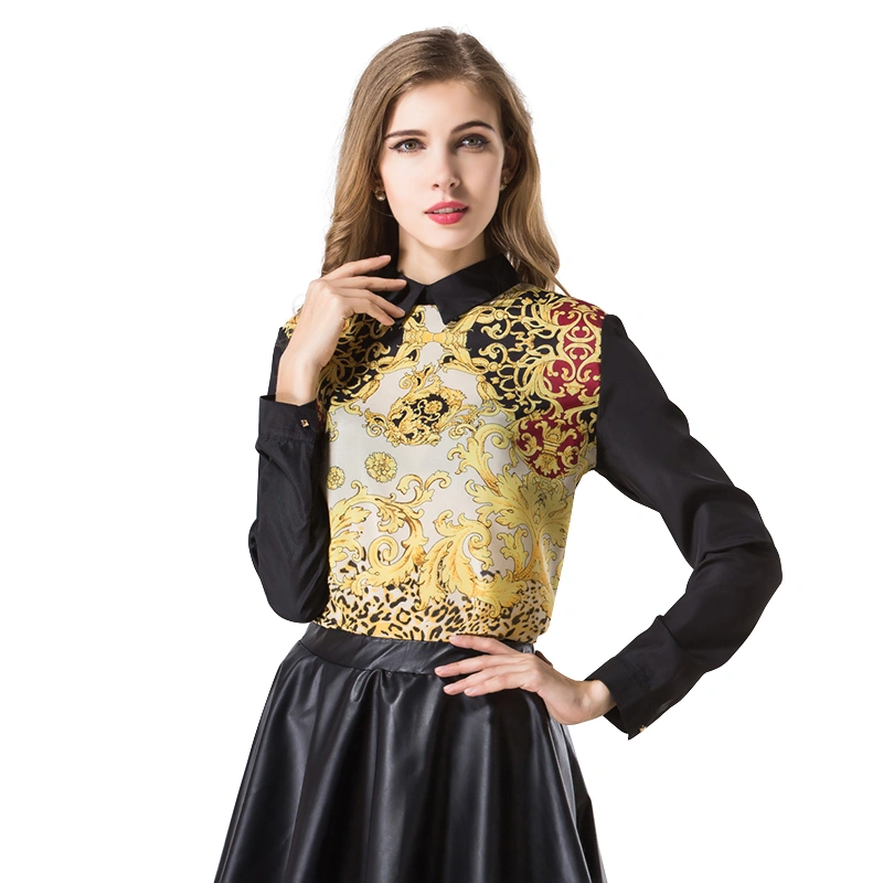 USA SIZE Autumn retro totem doll collar long sleeve metal zipper women's chiffon shirt Chiffon shirt