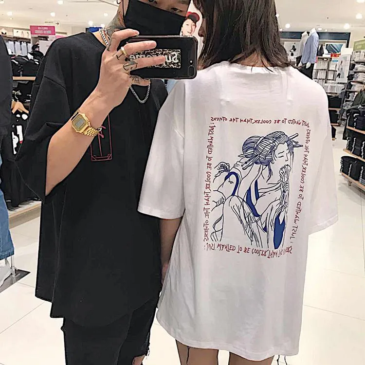 Harajuku Summer Short Sleeve T-shirt Back Print Letters Loose Couple Tee