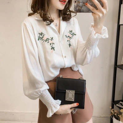 2021 spring new Korean embroidery chiffon shirt female long-sleeved shirt Lantern sleeve bottoming shirt