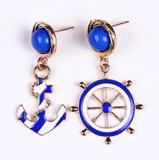 European and American style fashion accessories blue and white naval wind anchor earrings