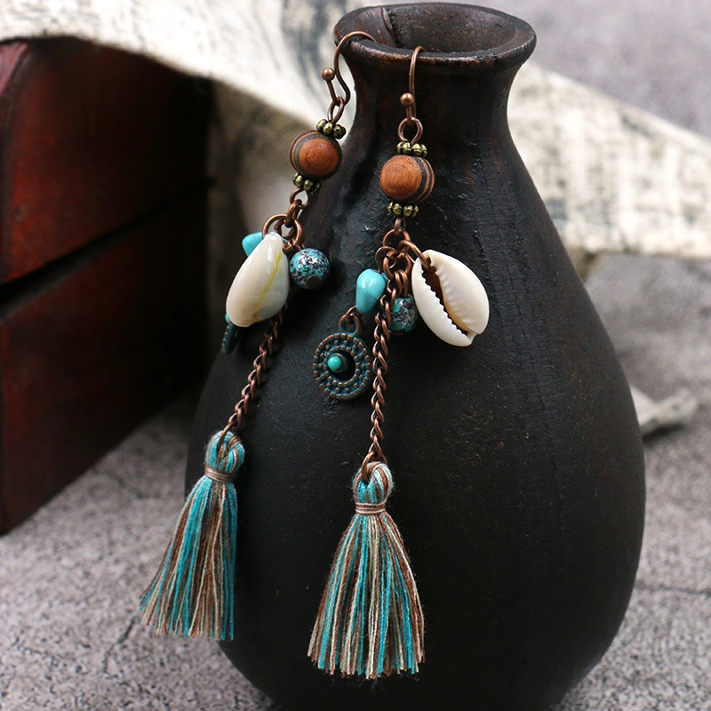 European and American long tassel jewelry wholesale original handmade earrings retro wooden beads shell ear line factory direct sales