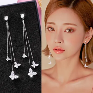 925 silver needle wild butterfly earrings female personality super fairy zircon earrings simple tassel net red earrings ear jewelry