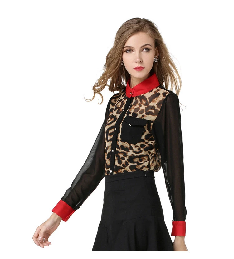USA SIZE Leopard shirt sexy stand collar wild stitching shirt long sleeve large size contrast chiffon shirt