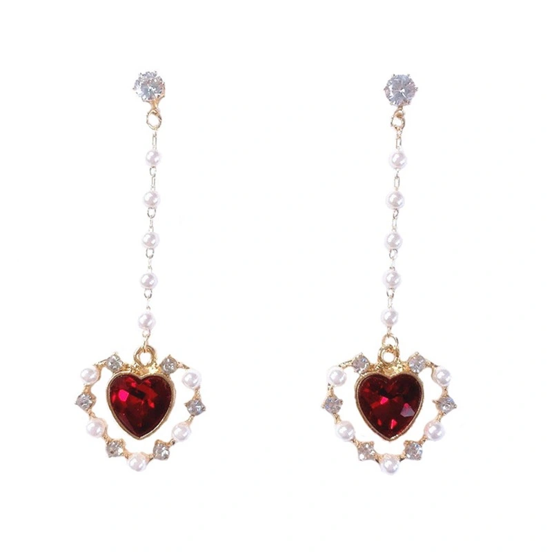 925 super fairy long pearl red gemstone love rhinestone earrings net red star temperament fashion earrings female