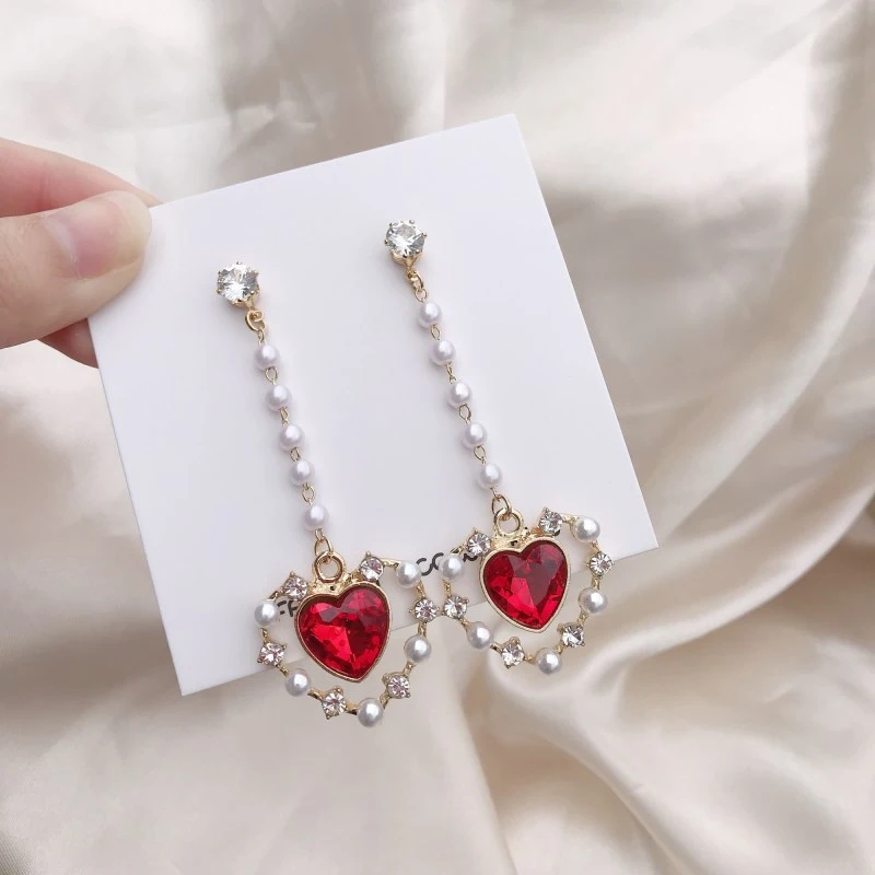 925 super fairy long pearl red gemstone love rhinestone earrings net red star temperament fashion earrings female