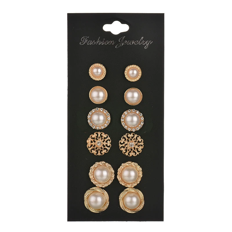 Vintage Rhinestone Flower Pearl Stud Earrings 6 Piece Set Six Pairs Gold Earrings