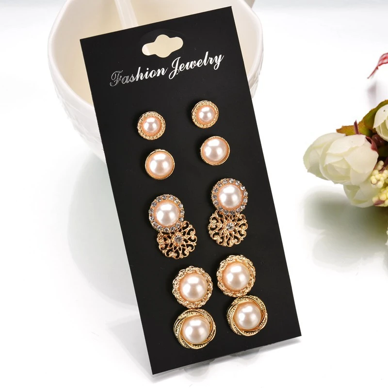 Vintage Rhinestone Flower Pearl Stud Earrings 6 Piece Set Six Pairs Gold Earrings