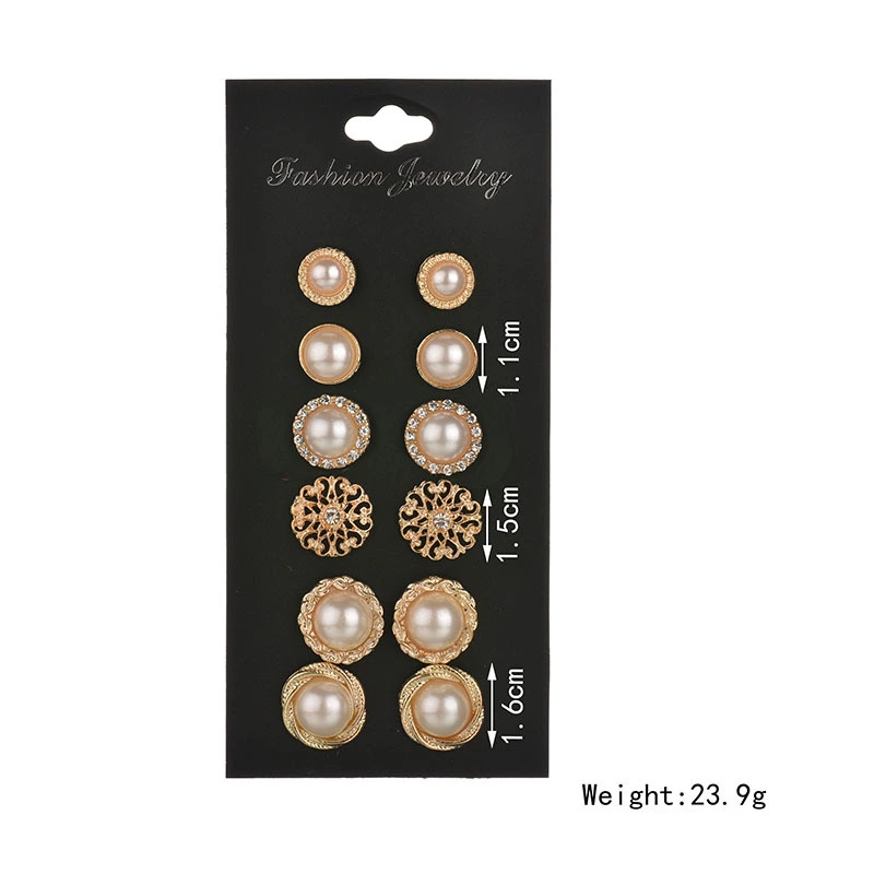 Vintage Rhinestone Flower Pearl Stud Earrings 6 Piece Set Six Pairs Gold Earrings