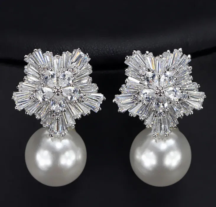 Pearl Earrings for Women with Luxury Fireworks Shaped Cubic Zirconia Woman Jewelry Birthday Gift