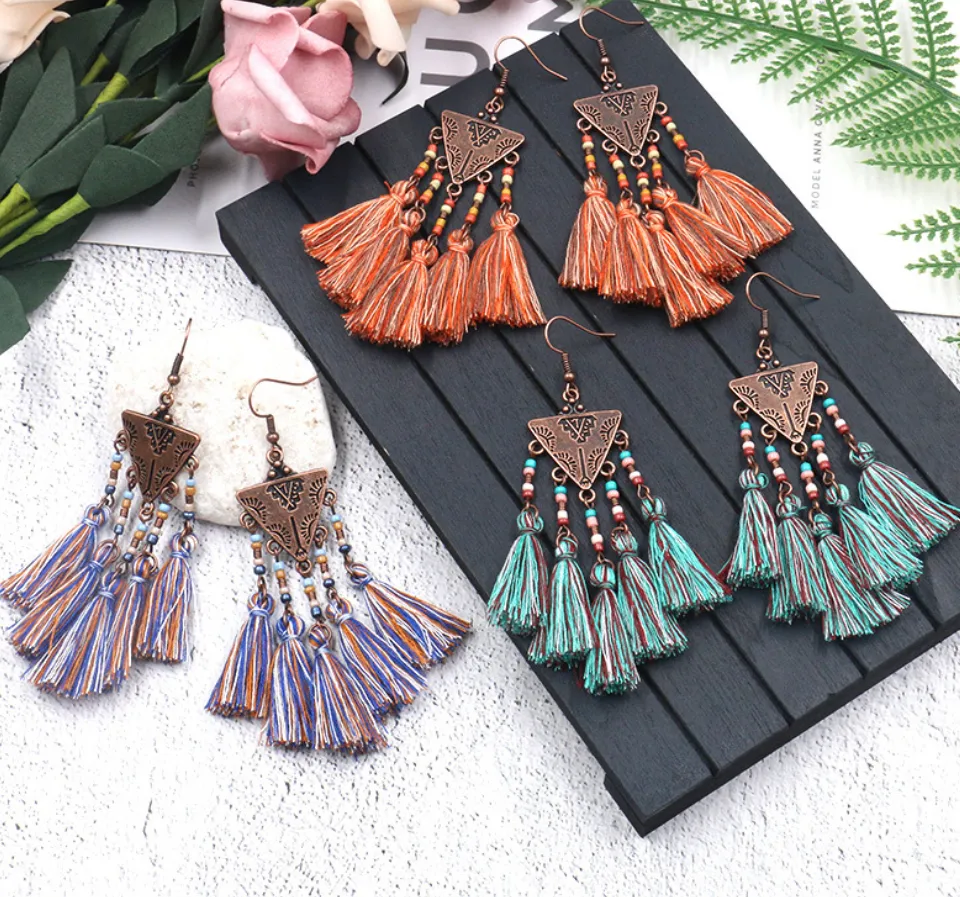 Triangle rice beads tassel earrings