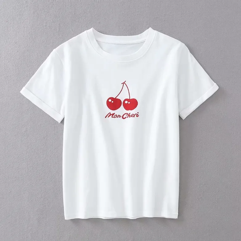 Cherry Print Crew Neck Short Sleeve T-Shirt