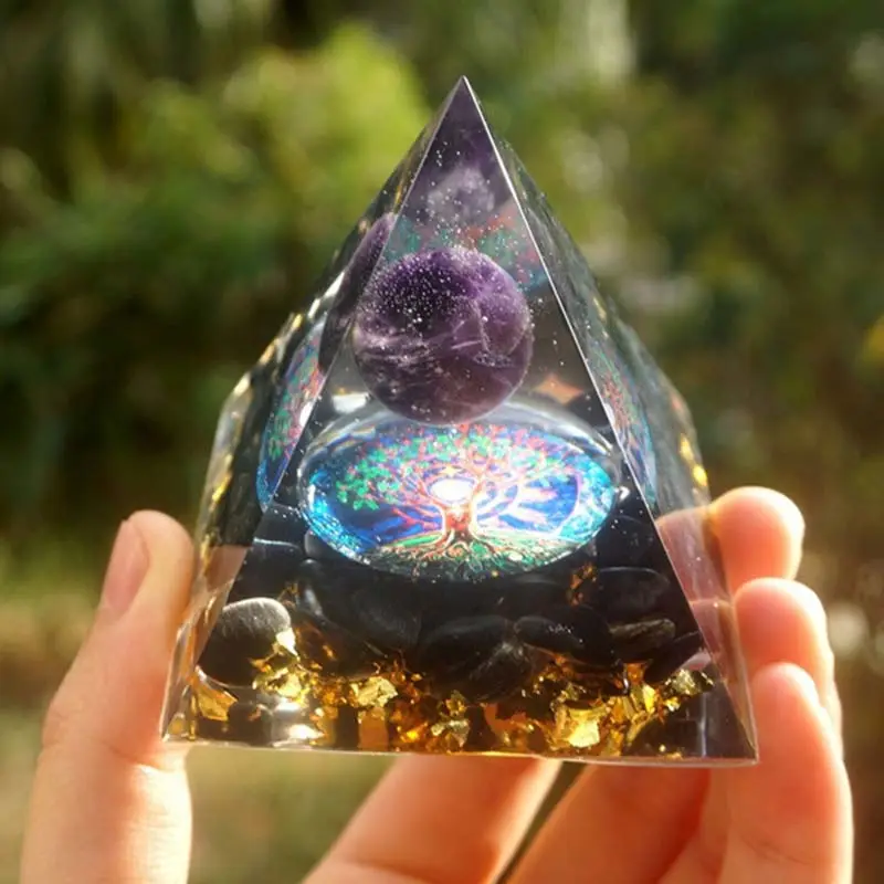 Orgonite Pyramid 60mm Amethyst Crystal Sphere With Obsidian Natural Cristal Stone