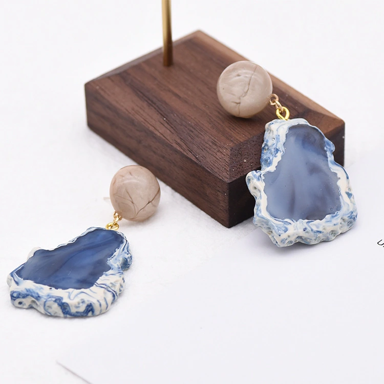 Smoky blue marbling geometric irregular earrings