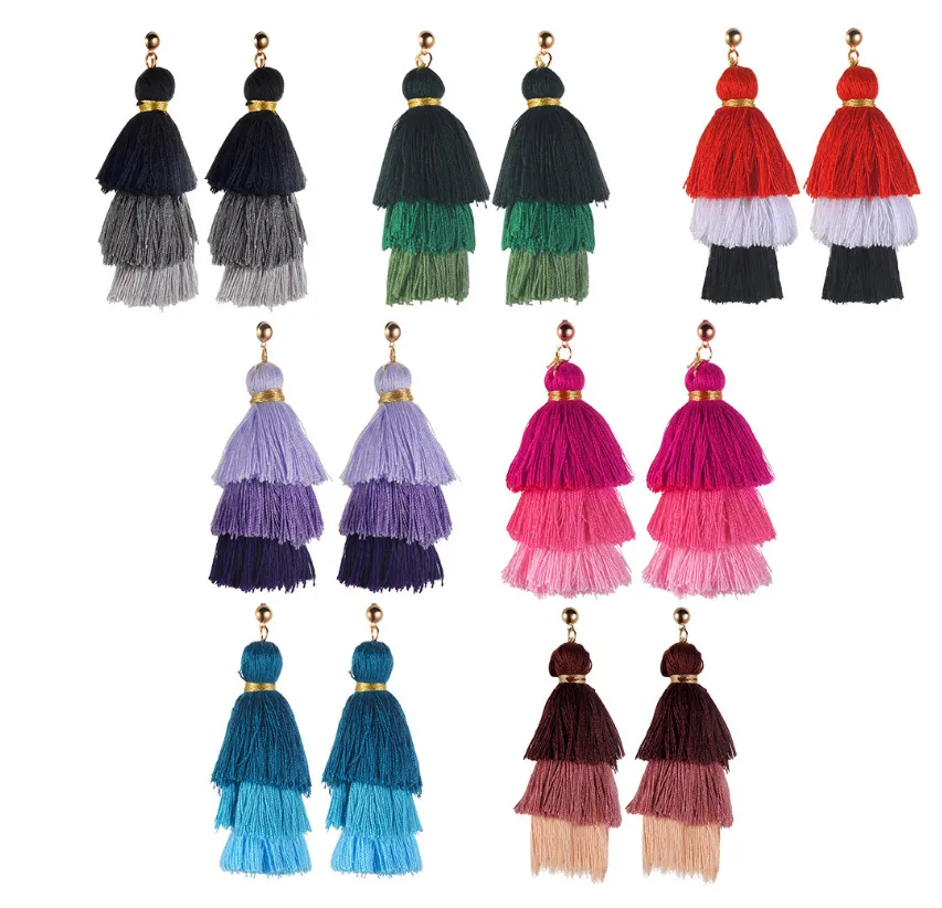 Cotton tassel three-layer gradient color tassel earrings earrings