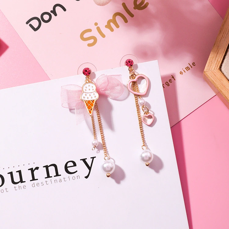 Korean summer sweet ice cream chiffon bow love asymmetrical long tassel earrings girl heart earrings