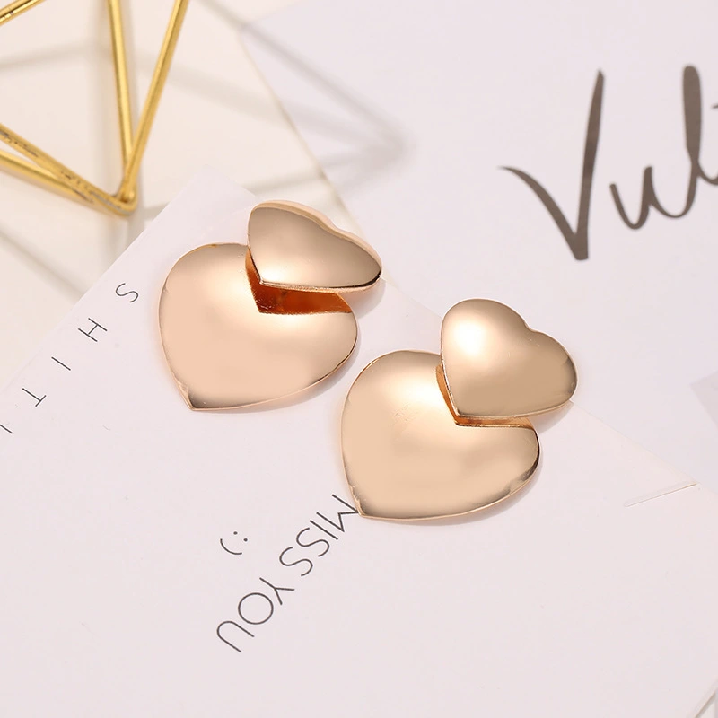 Temperament simple size love earrings Net red brushed metal heart earrings