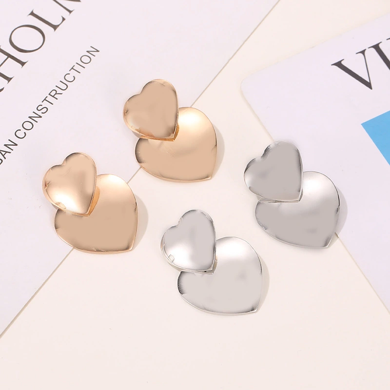 Temperament simple size love earrings Net red brushed metal heart earrings