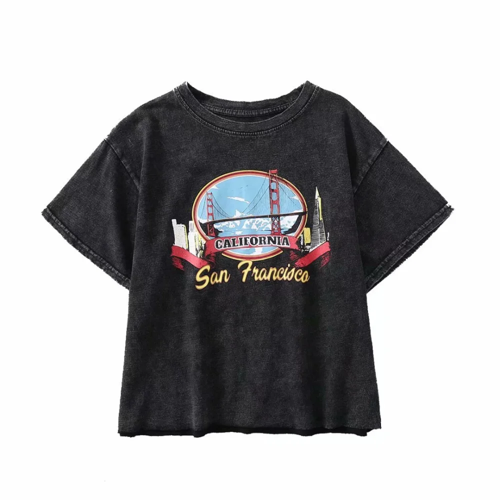 Retro Black American San Francisco Printed Washed Old Loose Short Sleeve T-Shirt