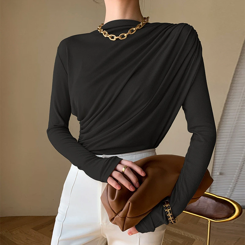 Side Pleated Bottoming Shirt Casual Collar Skin-friendly T-shirt Solid Color