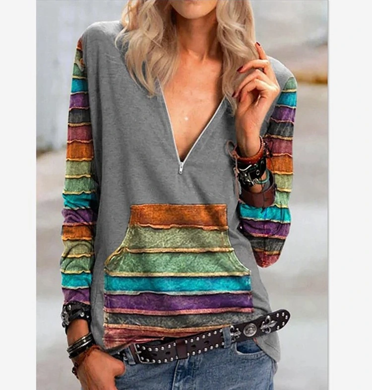 Women's V-Neck Printed Long Sleeve T-Shirt